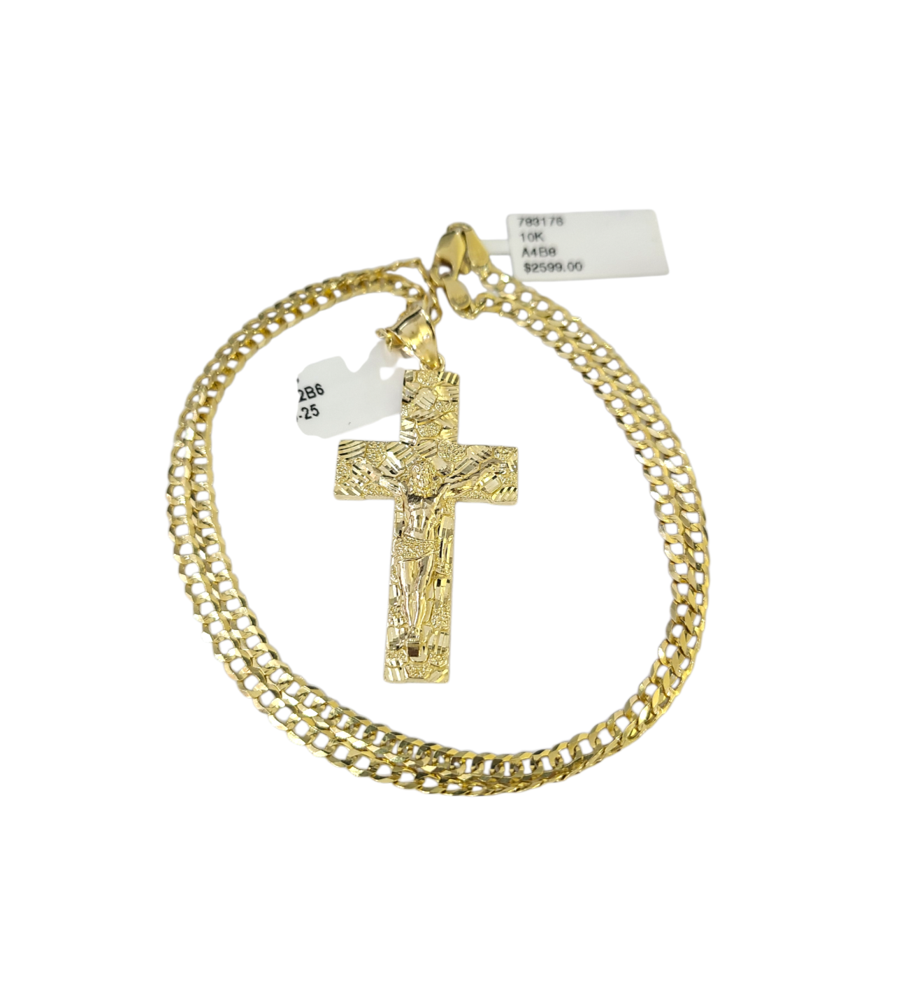 10k Gold Chain Cuban Curb 3mm Necklace Nugget Cross Charm Pendant Set 18"-28"
