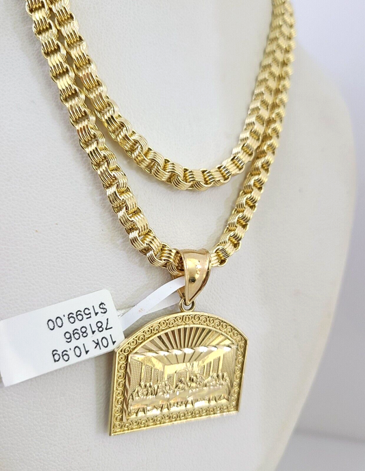 Real 10k Gold Byzantine Necklace Last Supper Charm SET Chain 20"-30" 4mm