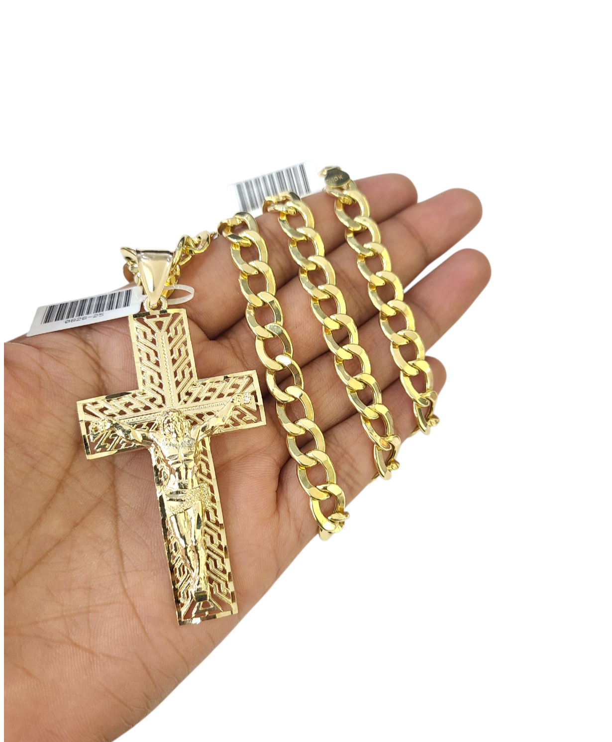 10k Yellow Gold Cuban Curb Chain Holy Cross Pendant SET Charm 8mm Necklace Men
