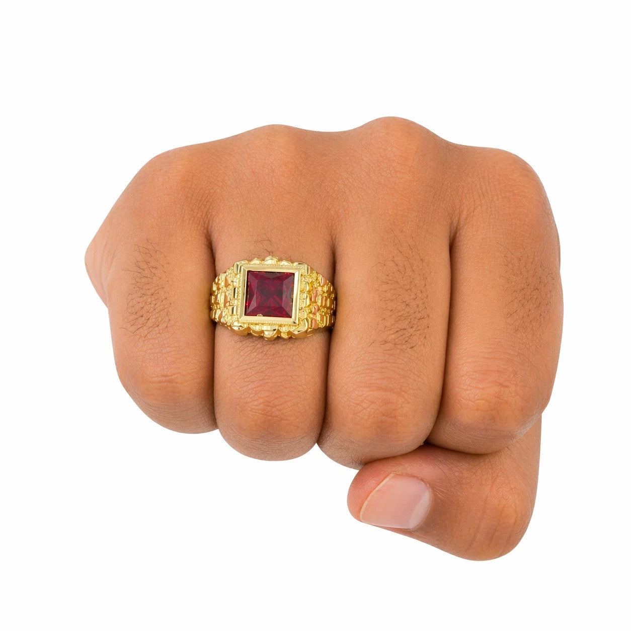 10K Real Gold Red CZ Square Ring Mens Signet Pinky Bold Statement Ring