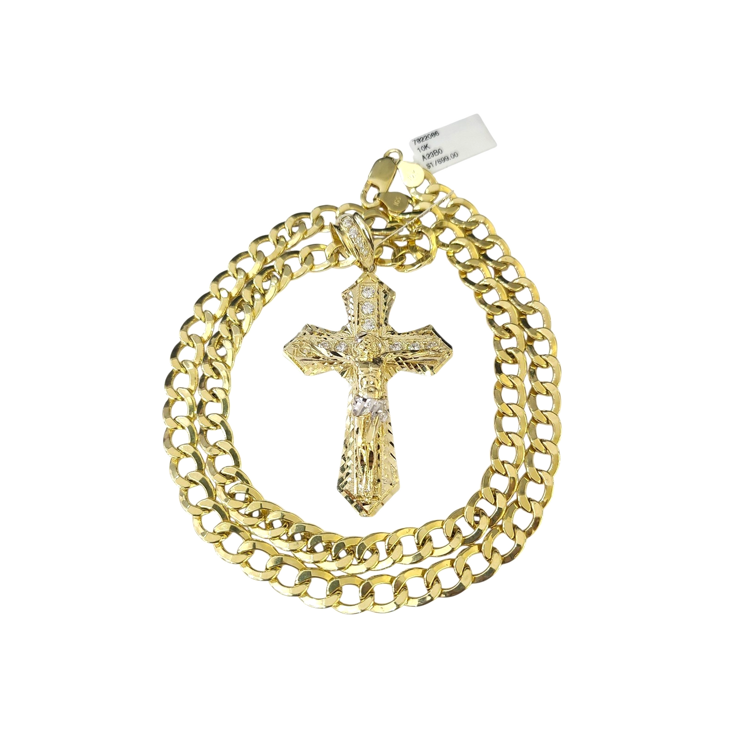10k Yellow Gold Cuban Curb Chain SET Christ Cross Pendant Charm 8mm Necklace Men