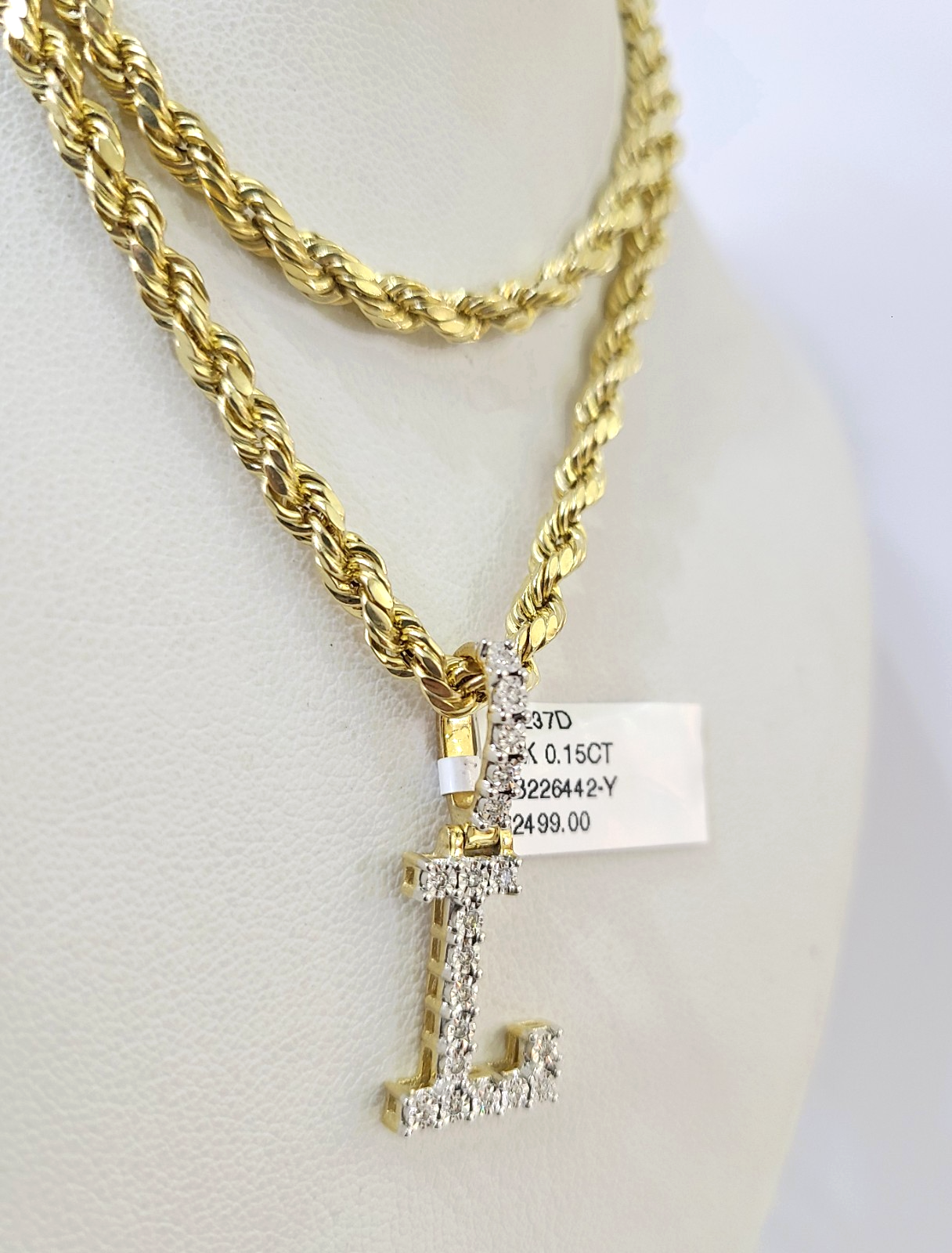 10k Rope Chain L Diamond Initial Charm Necklace Pendant Set 4mm 20"-30" Gold