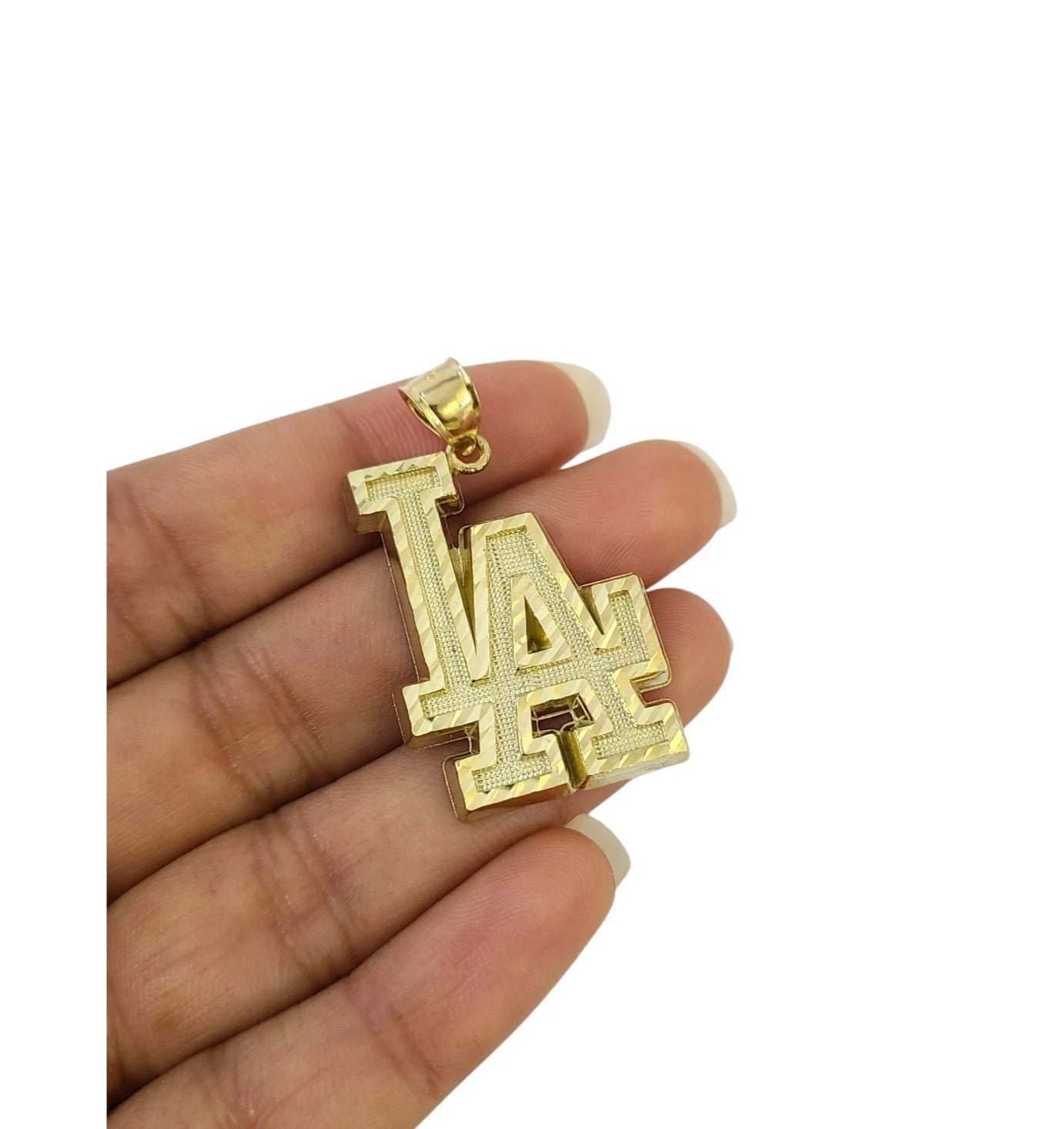10K Yellow Gold LA Logo Pendant Charm Mens Los Angeles Diamond Cut Finish