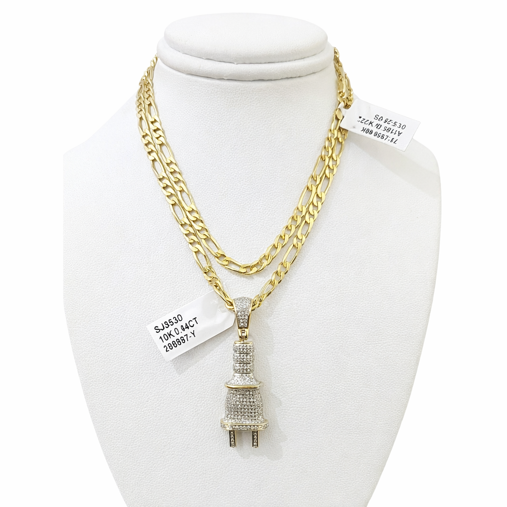 10k Solid Figaro Chain Plug Diamond Charm Necklace SET 4mm 22" Pendant