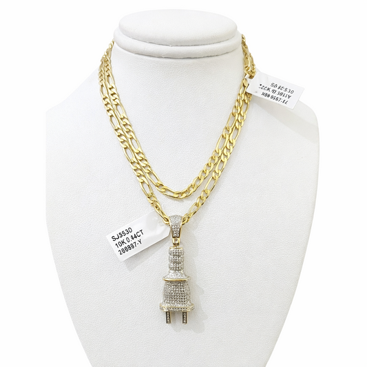10k Solid Figaro Chain Plug Diamond Charm Necklace SET 4mm 22" Pendant