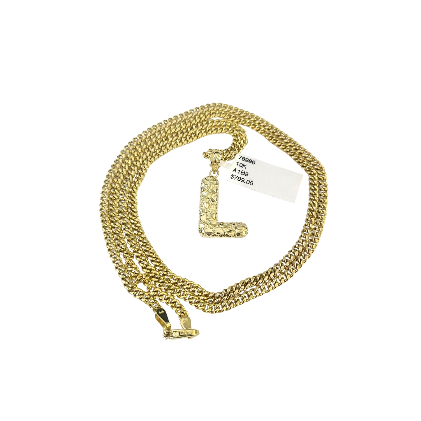 Real Gold 10k Chain Pendant SET L Initial Charm Miami Cuban Link Necklace 2.5mm