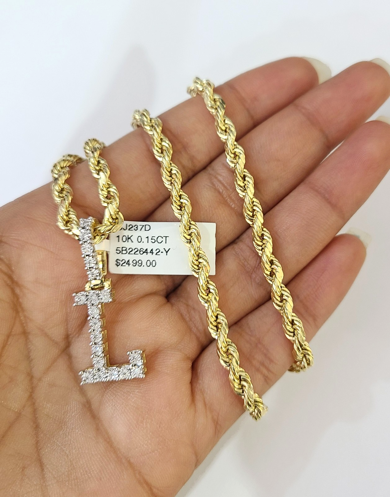 10k Rope Chain L Diamond Initial Charm Necklace Pendant Set 4mm 20"-30" Gold