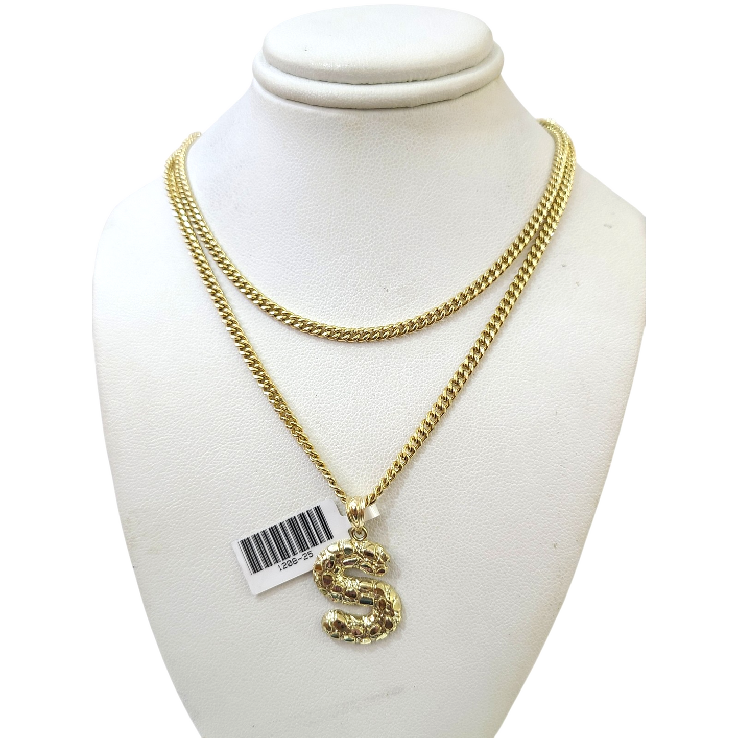 Real Gold 10k Chain S Initial Charm Miami Cuban Link 2.5mm Necklace Pendant SET