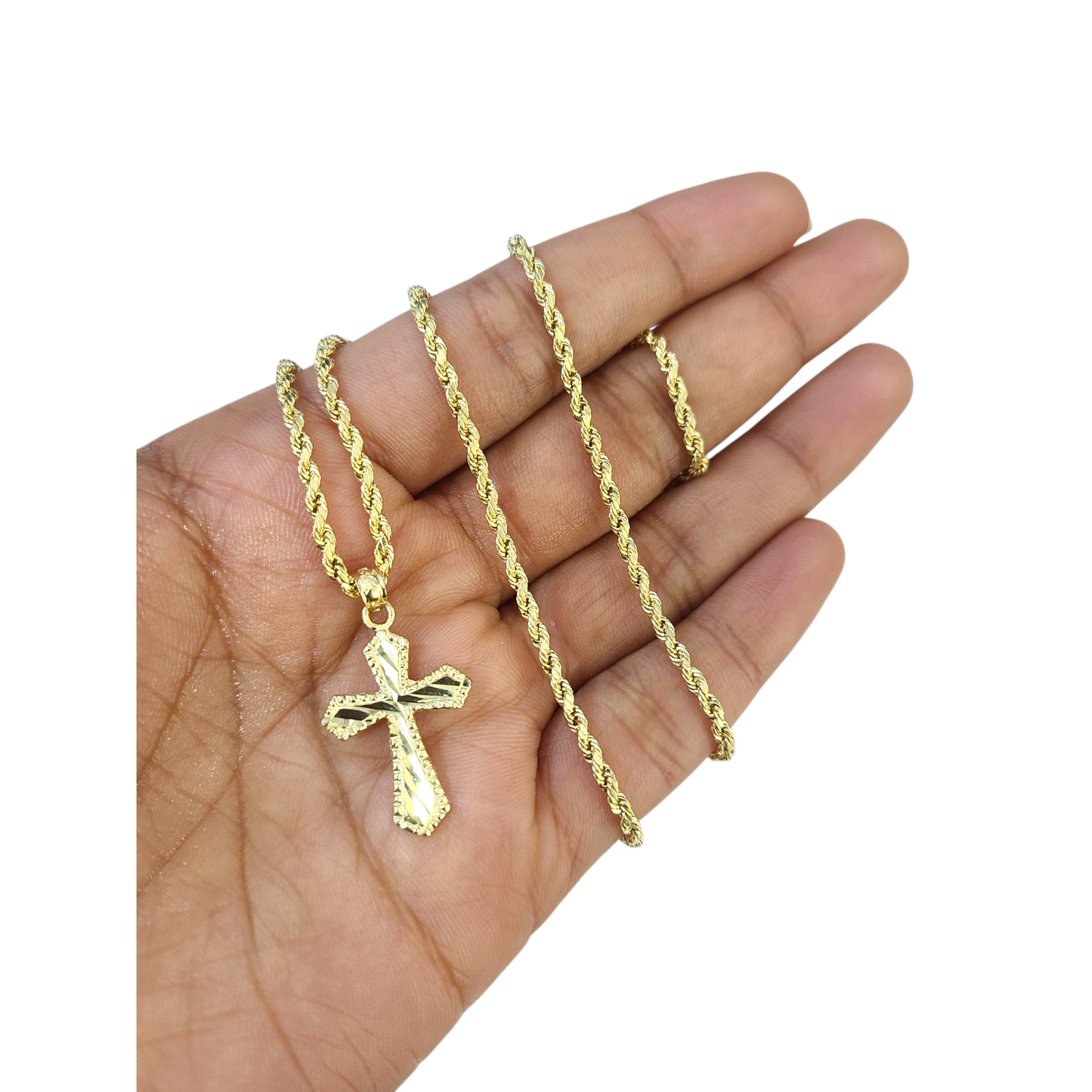 Real Gold 10k Rope Chain Cross Charm Necklace Pendant Set 2mm 16"-26" Gold