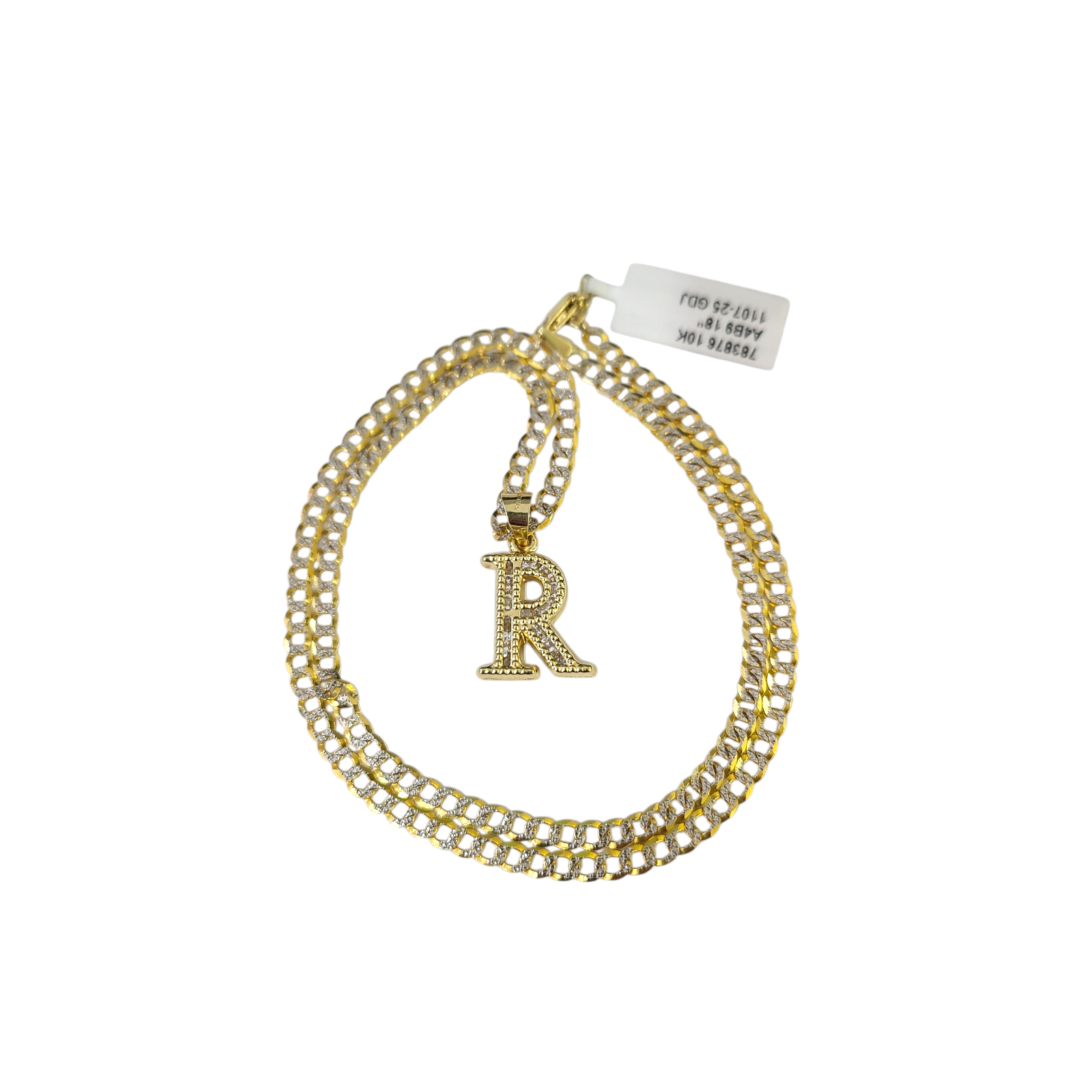 10k Gold Cuban Curb Chain Necklace R Initial Alphabet Pendant Charm 3mm Necklace