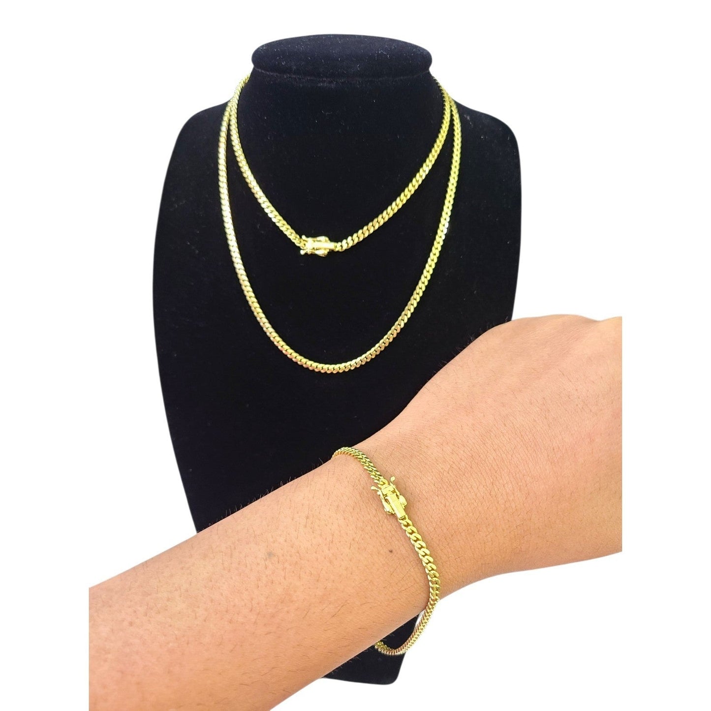 10k Solid Gold Miami Cuban Chain Bracelet Set 3mm Men Women Necklace Real