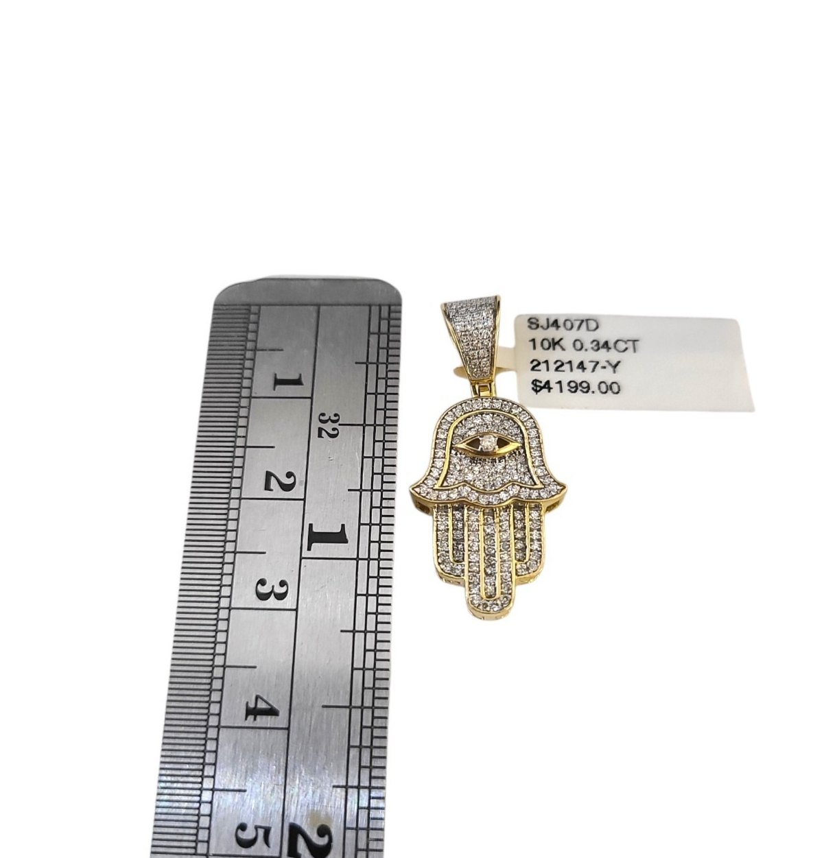 Real 10k Yellow Gold Hamsa Hand Diamond Charm Pendant 1.25'' inch Genuine 10kt