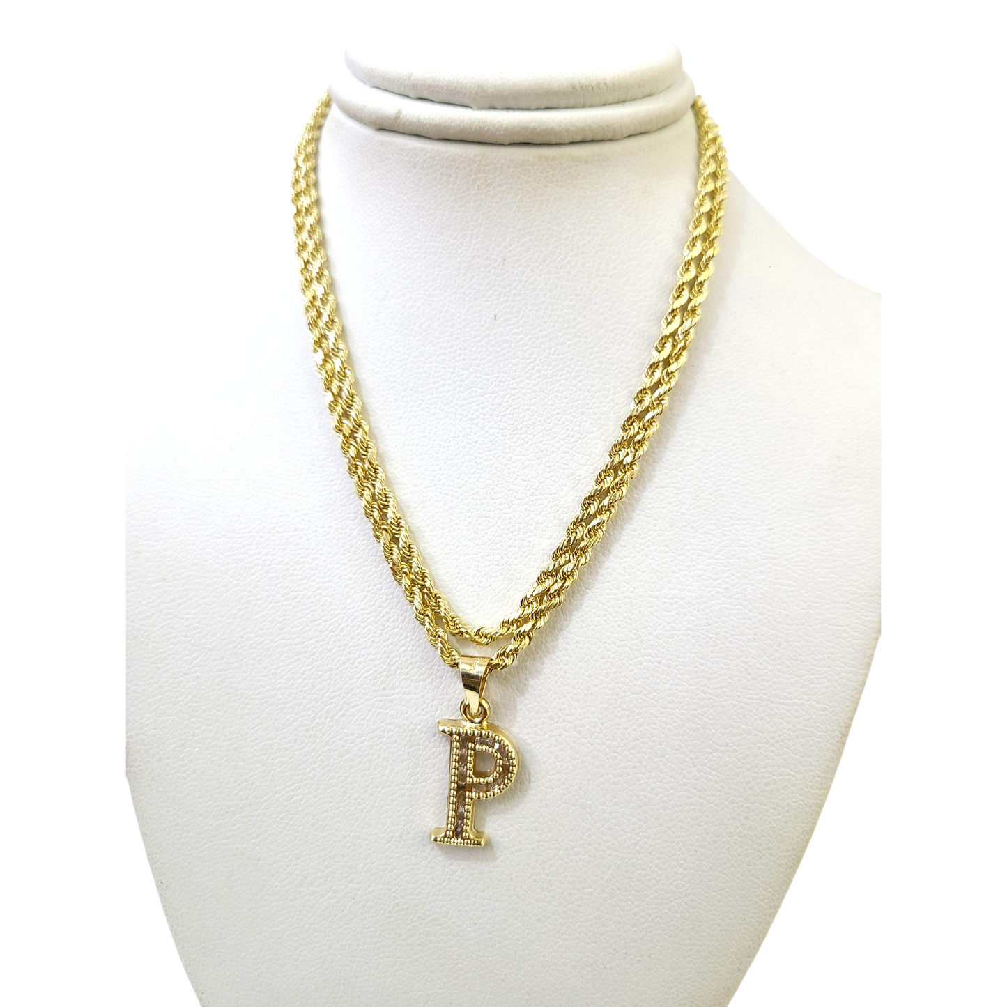 10k 2.5mm Rope Chain P Initial Alphabet Pendant 16"-28" Gold Set Charm Necklace