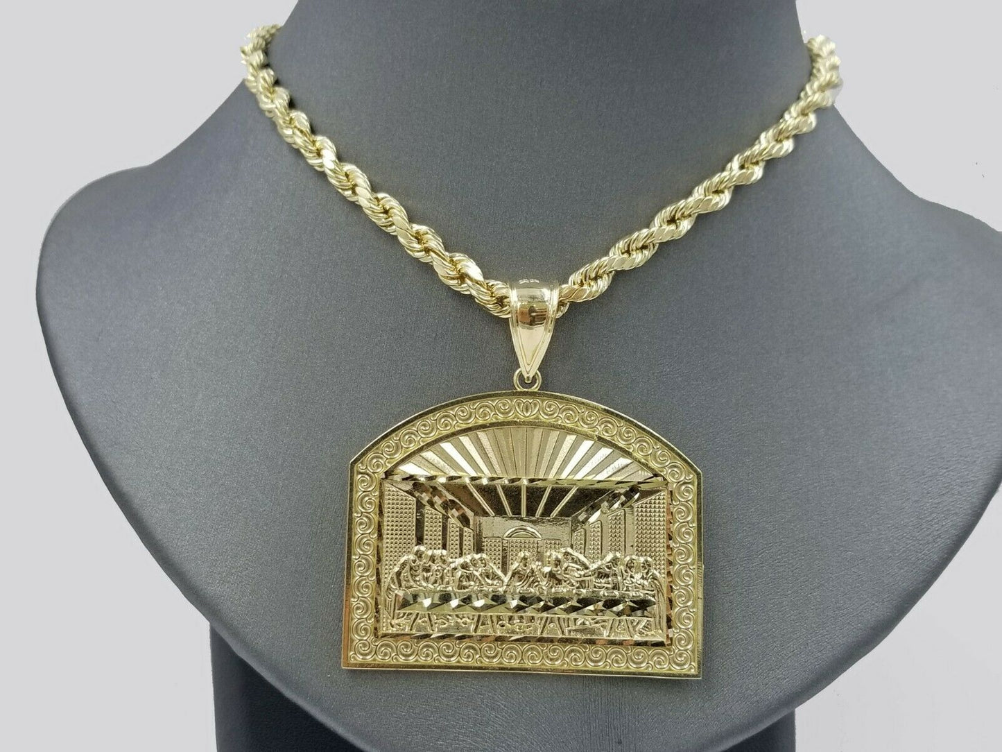 10K Jesus Yellow Gold Last supper Diamond Cut Charm Pendant, 2 Inches, Real.