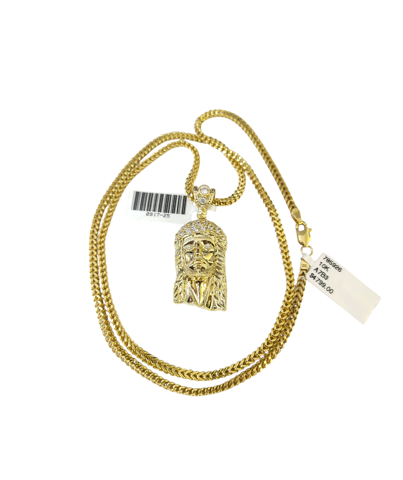 Real 10k Gold Franco Chain Christ Head Charm Pendant Necklace SET 2.5mm 18"-26"