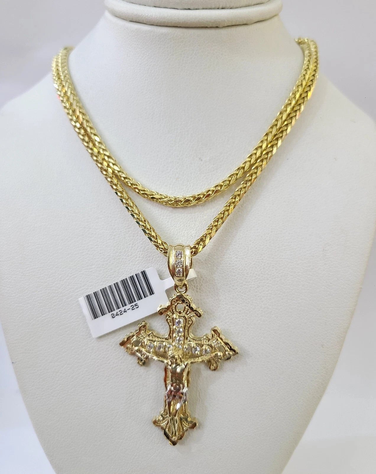 Yellow Jesus Chain REAL 10k Yellow Gold Palm Chain Jesus Cross Pendant Charm 3mm Necklace ...