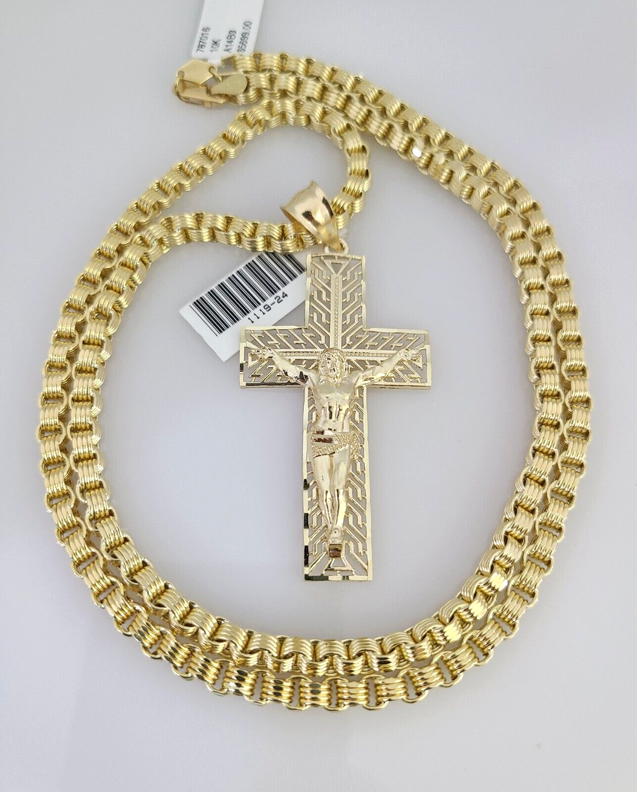 Real 10k Gold Byzantine Necklace Jesus Cross Charm SET Chain 20"-30" 4mm