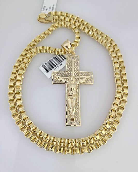 Real 10k Gold Byzantine Necklace Jesus Cross Charm SET Chain 20"-30" 4mm