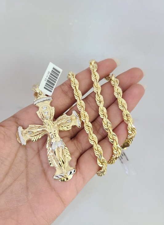 10kt Gold Solid Rope Chain Jesus Cross Charm Set 18"-30'' Inch 6mm Pendant