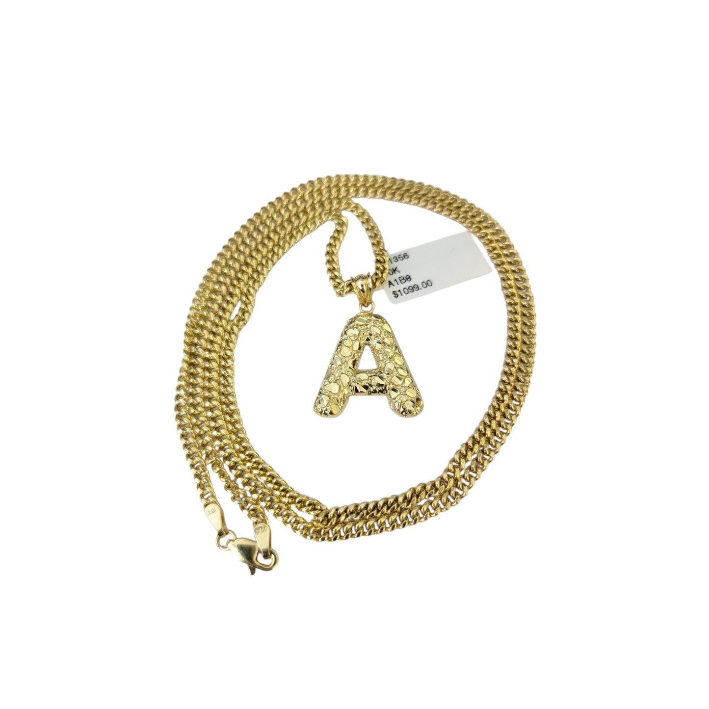 Real Gold 10k Chain Pendant SET A Initial Charm Miami Cuban Link Necklace 2.5mm