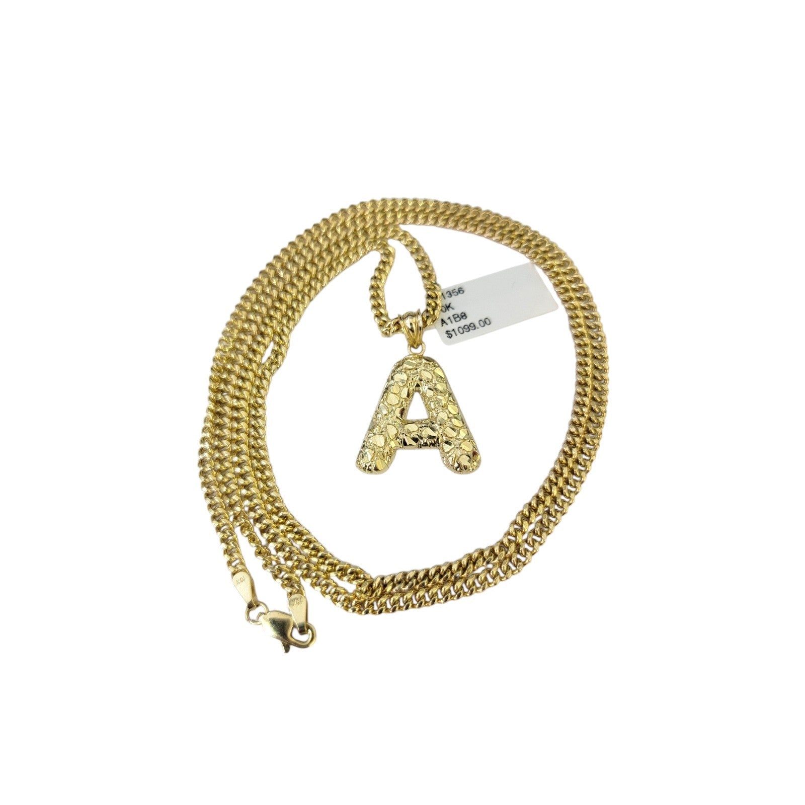 Real Gold 10k Chain Pendant SET A Initial Charm Miami Cuban Link Necklace 2.5mm