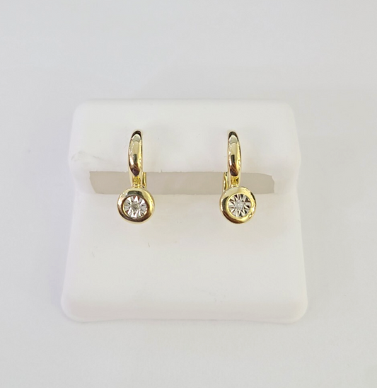 Real 10k Yellow gold Diamond Earrings Bezel Huggie Hoop Genuine