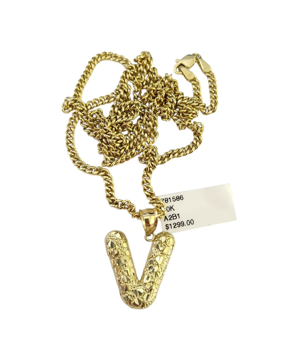 Real Gold 10k Chain Miami Cuban Link 2.5mm V Initial Charm Necklace Pendant SET