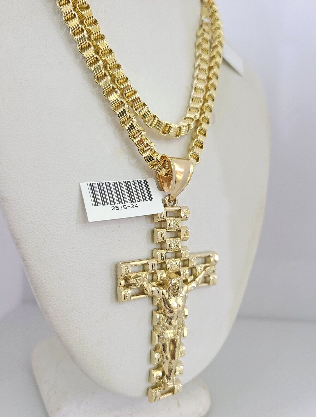 Real 10k Gold Byzantine Necklace Jesus Cross Charm SET Chain 20"-30" 4mm