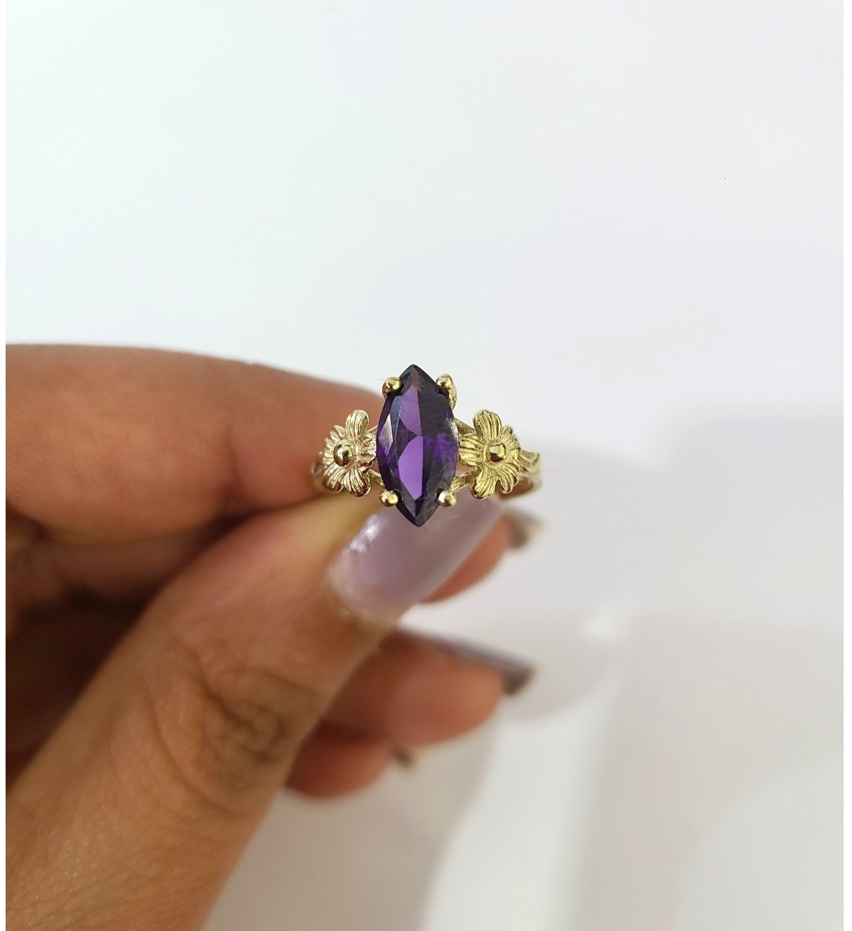 10k Gold Purple Marquise Ring CZ Flower Women Elegant Floral Statement
