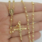 Real 14k Yellow Gold Rosary Necklace Women 16" Jesus Crucifix Diamond Cut Solid