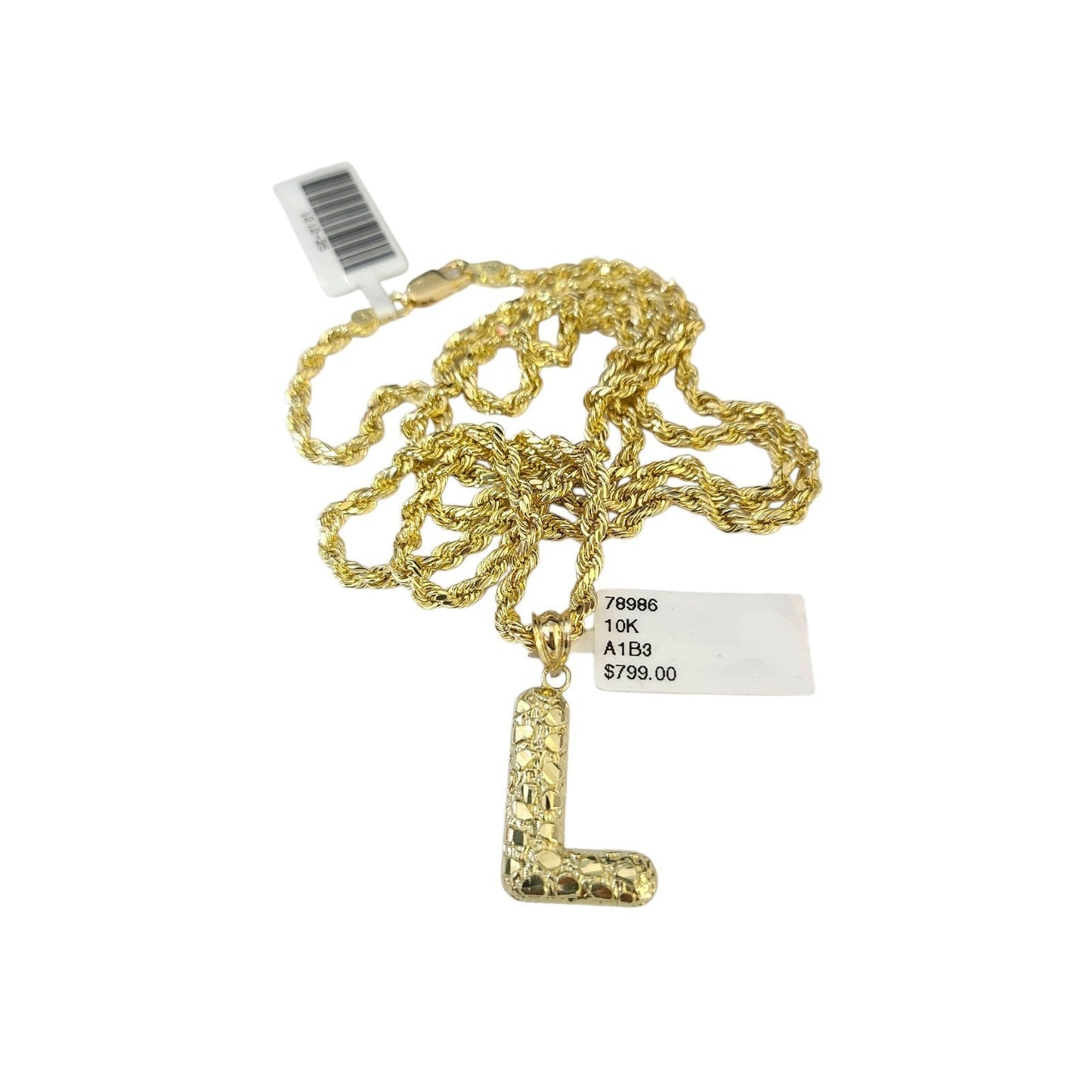 Real 10k Rope Chain Necklace 3mm 18"-28" Nugget L Initial Charm Set Pendant Gold