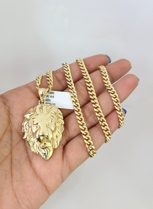 10kt Gold Miami Cuban Chain Lion Head Charm Pendant 5mm 18-28 Inch Necklace