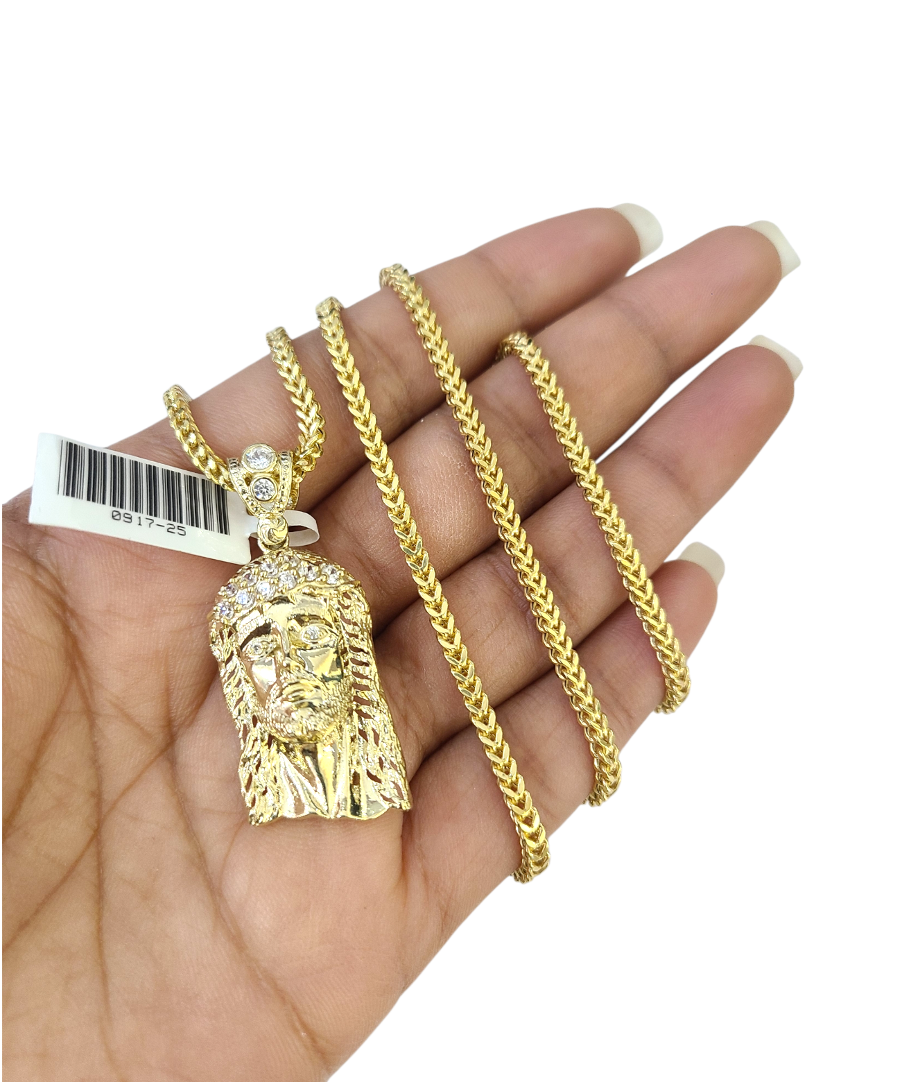 Real 10k Gold Franco Chain Christ Head Charm Pendant Necklace SET 2.5mm 18"-26"