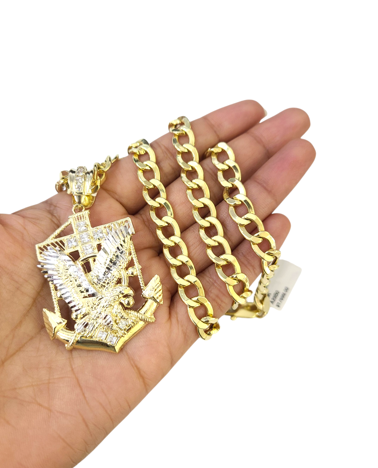 10k Yellow Gold Cuban Curb Chain SET Eagle Anchor Pendant Charm 8mm Necklace Men