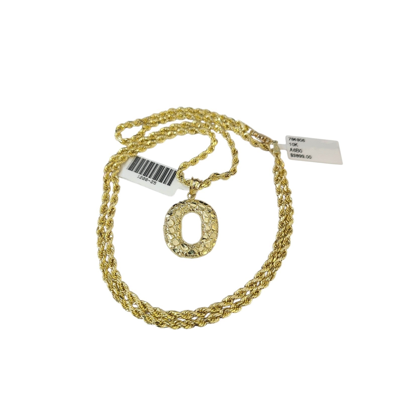 Real 10k Rope Chain O Initial Charm 3mm 18"-28" Necklace Nugget Set Pendant Gold
