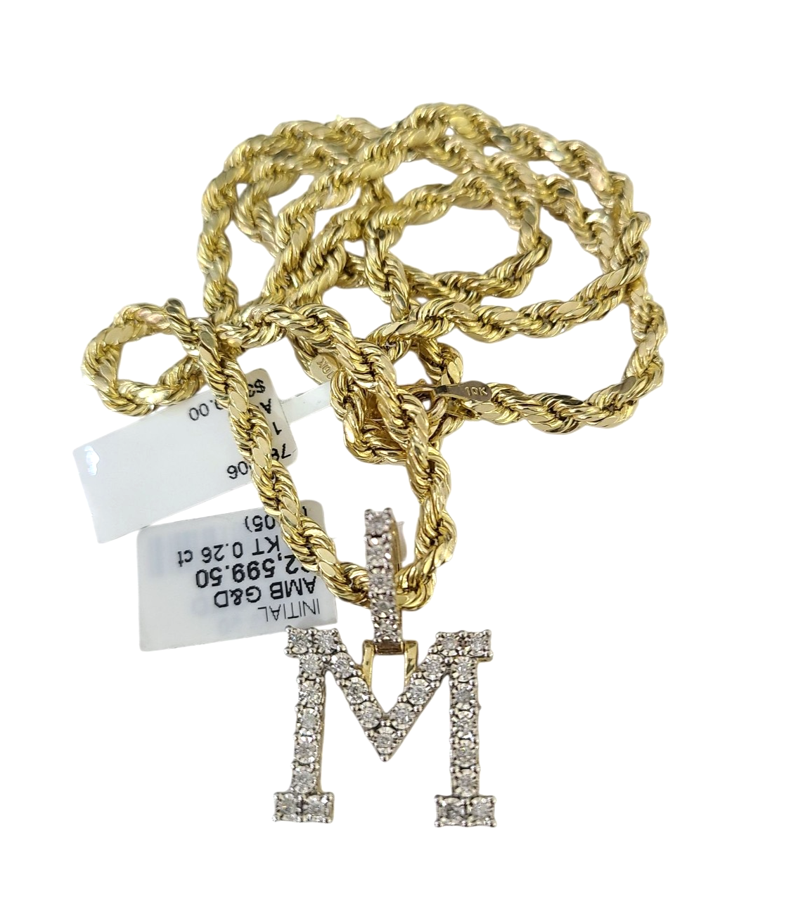 10k Rope Chain M Diamond Initial Charm Necklace Pendant Set 4mm 20"-30" Gold