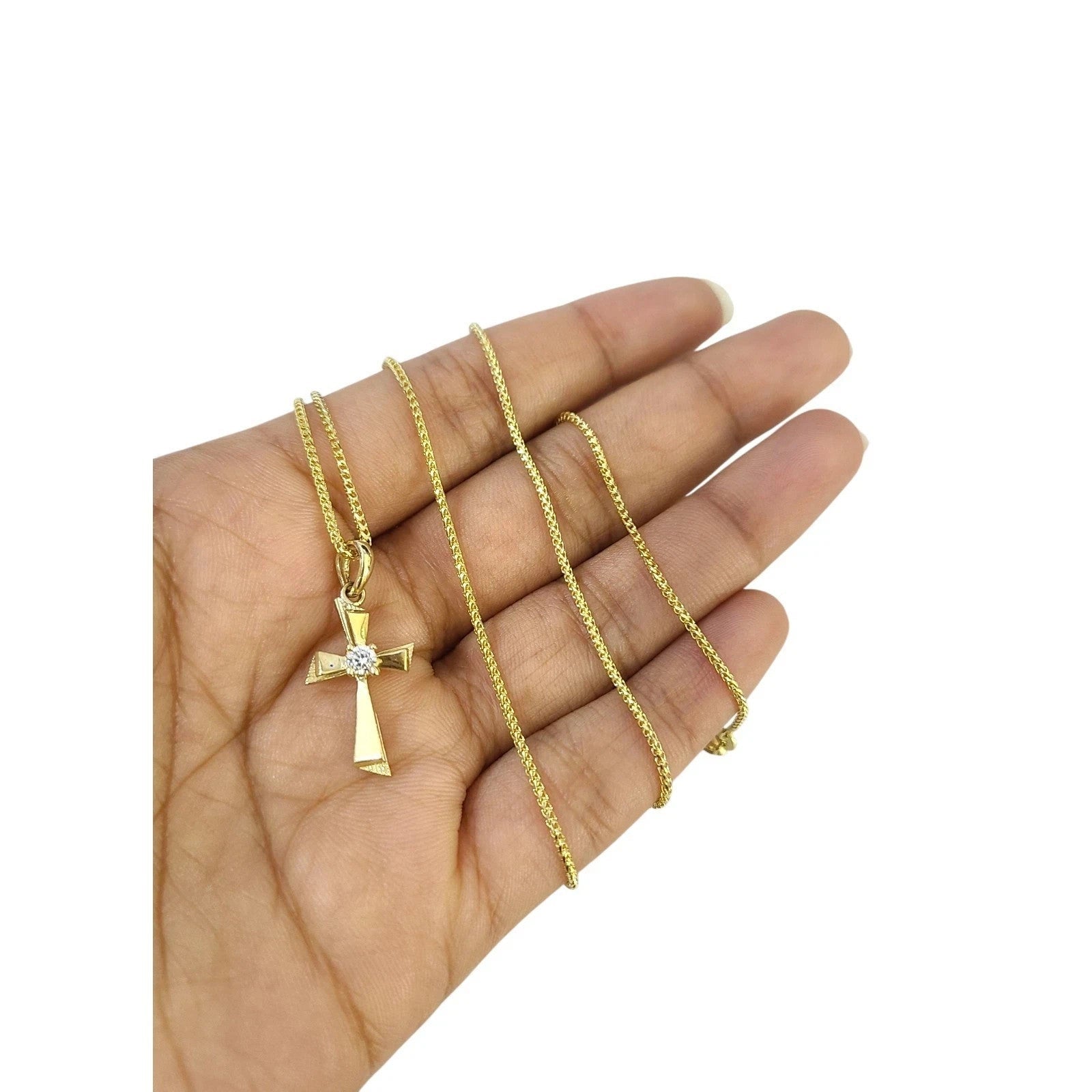 10k Gold Franco Chain Necklace Cz Stone Cross Charm 1mm 16-22 Inches Womens