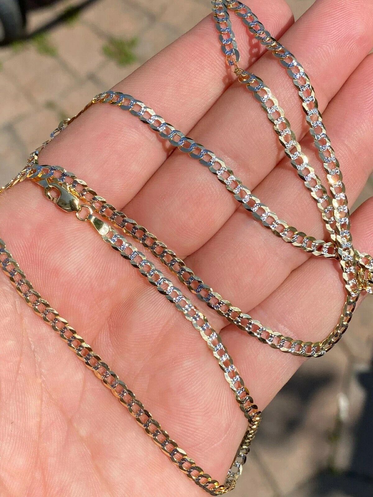 Solid 14k Diamond Cut Two Tone Gold Curb Cuban Link Chain 22" 4mm Necklace