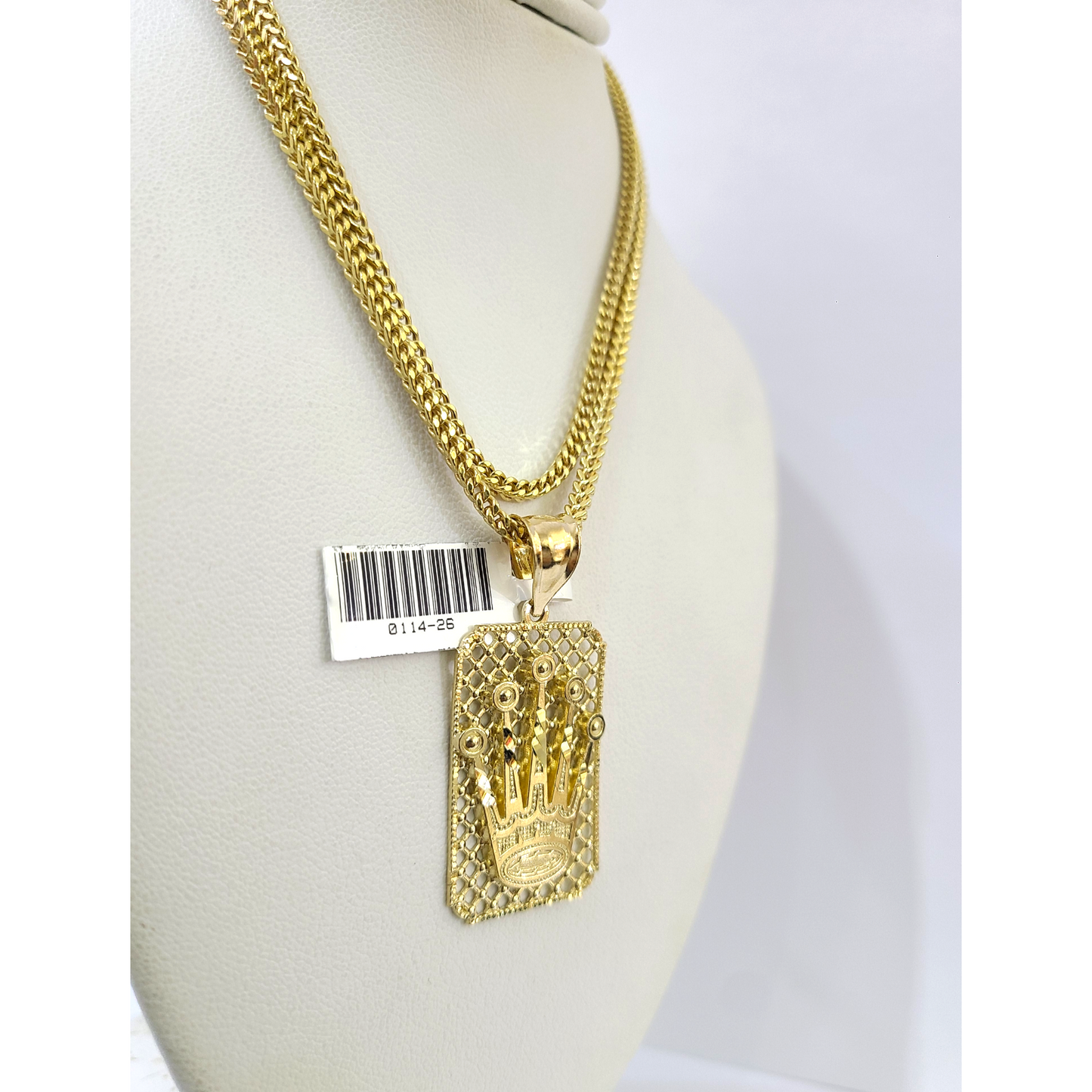 Real 10k Gold Franco Chain Crown Charm Pendant Necklace SET 2.5mm 18"-26"