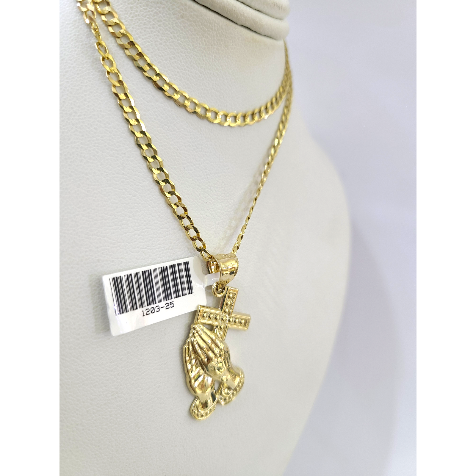 10k Gold Cuban Curb 3mm Chain Necklace Praying Hands Charm Pendant 18"-28" Set