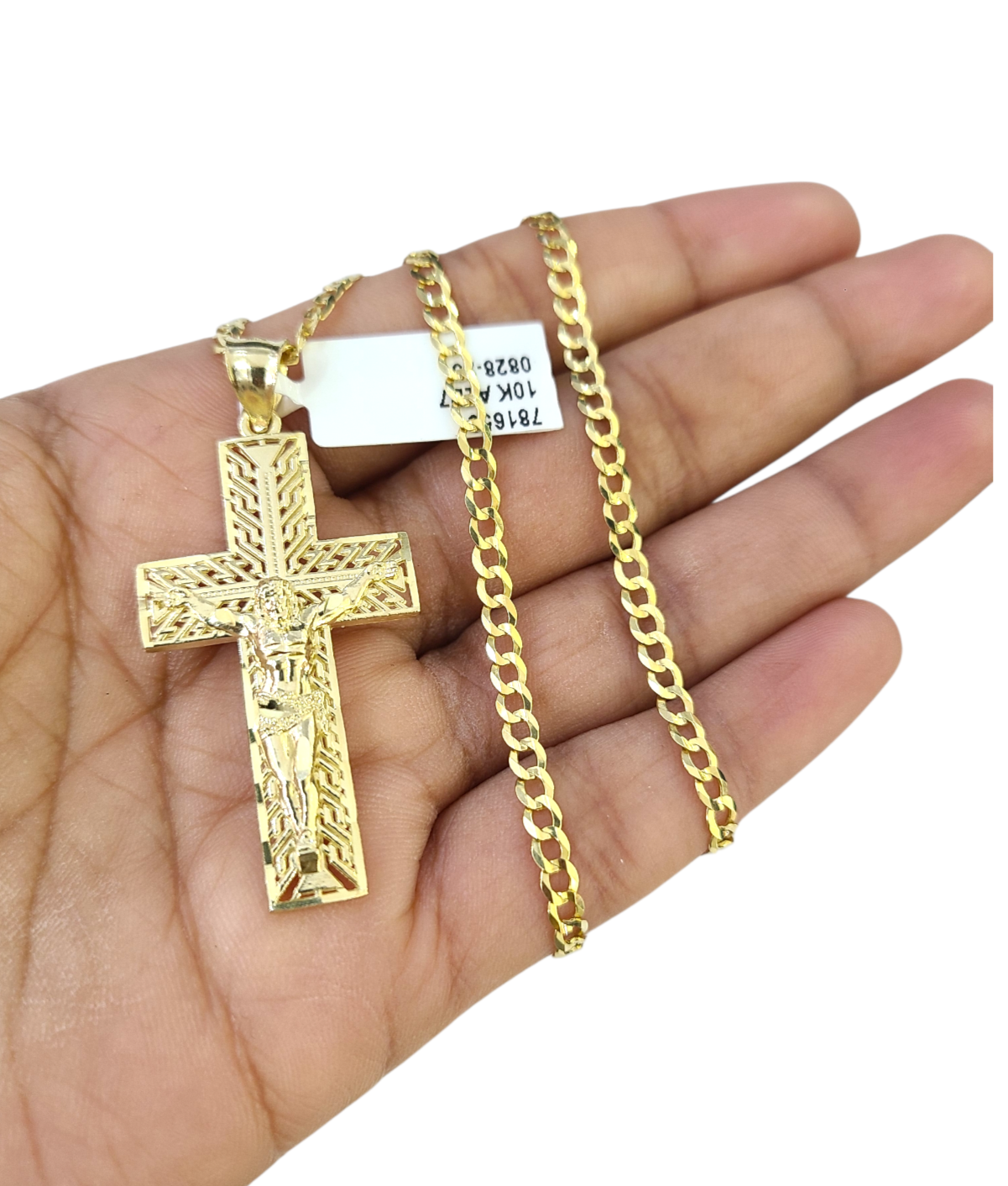 10k Gold Chain Necklace Cross Charm Pendant Set Cuban Curb 3mm 18"-28"