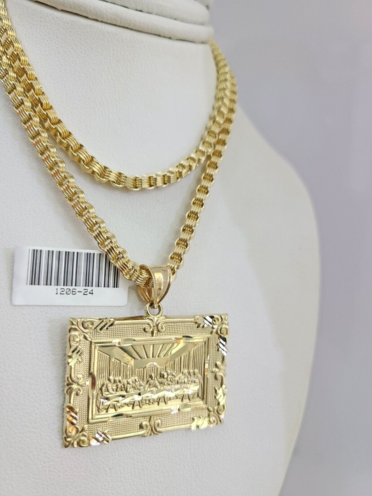 Real 10k Gold Byzantine Necklace Last Supper Charm SET Chain 20-30" 3mm Pendant