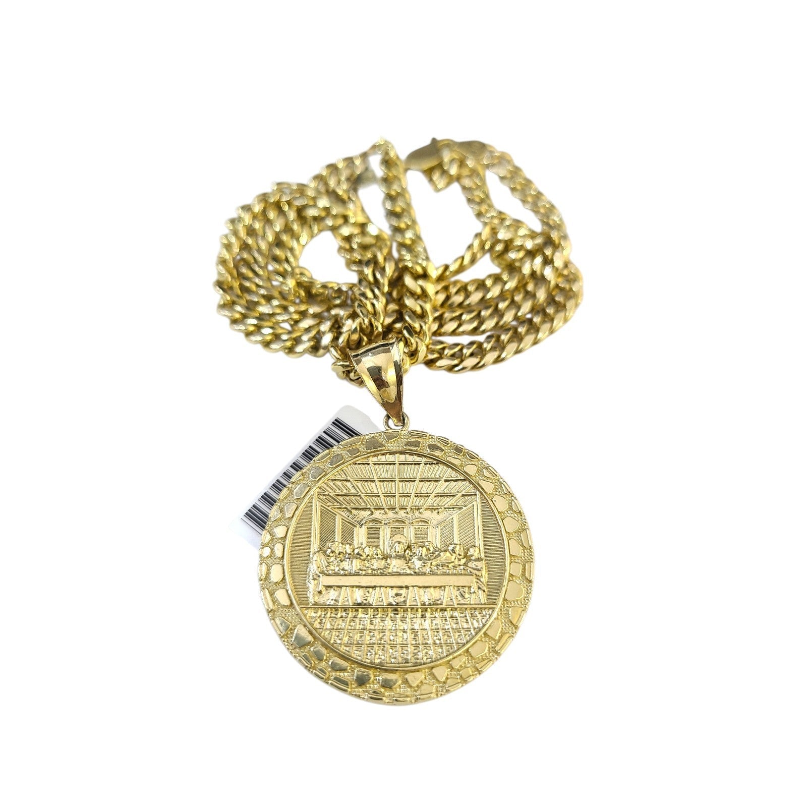 10K Gold Miami Cuban Chain Nugget Last Supper 20"-28" 4mm Pendant Necklace SET