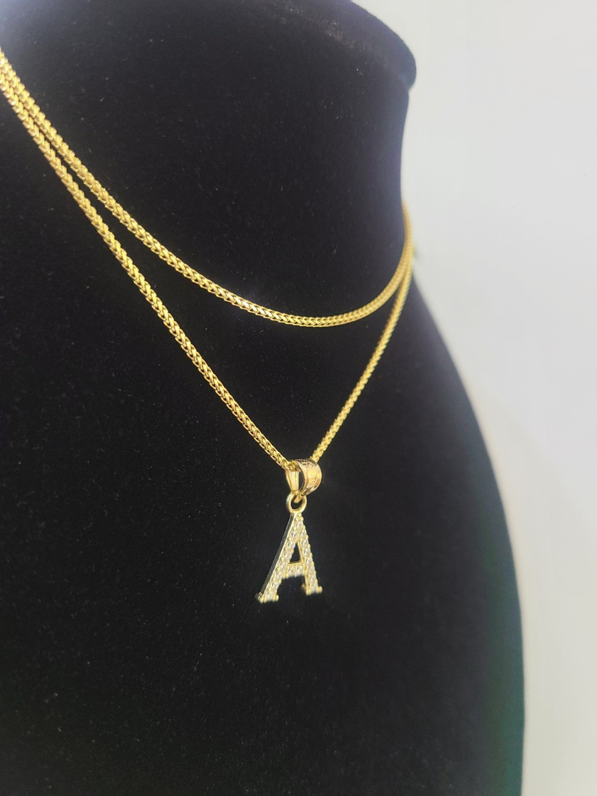 10K Gold Solid Franco Chain A Initial CZ Stone Pendant Set 1mm 16 18 20 22 Women