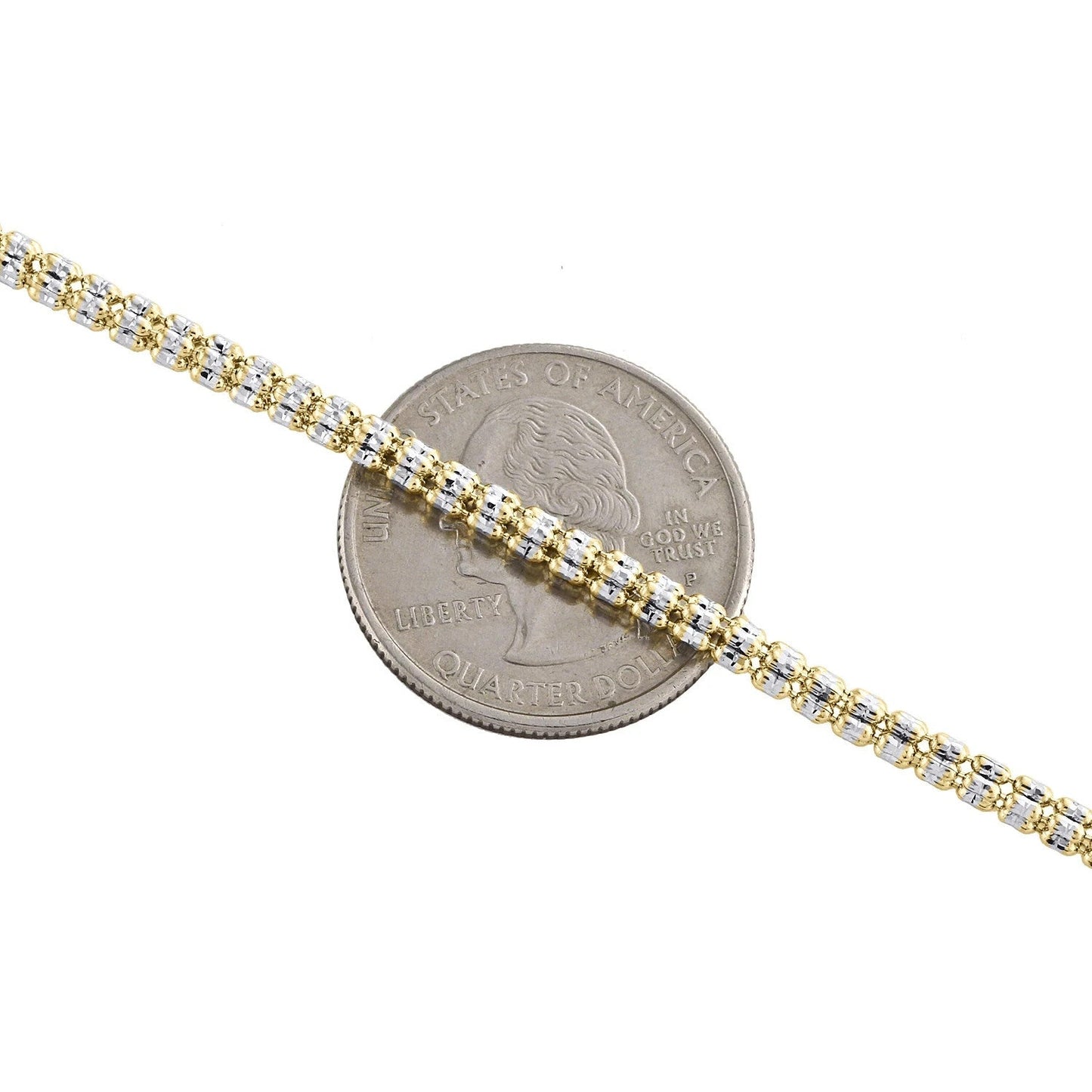 10K Yellow White Gold Two Tone 3mm Diamond Cut Ice Bead Link Bracelet 8 Inches