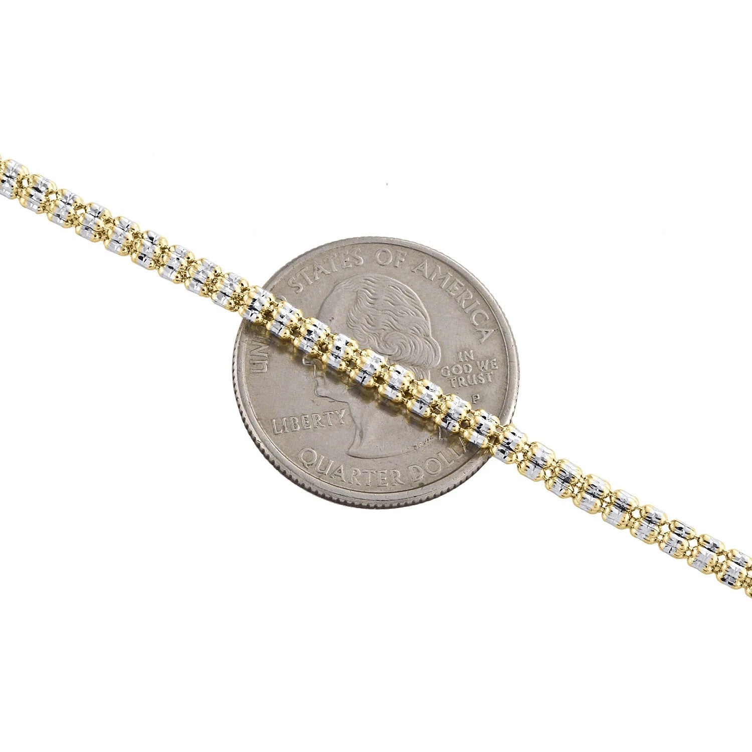 10K Yellow White Gold Two Tone 3mm Diamond Cut Ice Bead Link Bracelet 8 Inches