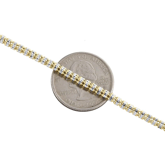 10K Yellow White Gold Two Tone 3mm Diamond Cut Ice Bead Link Bracelet 8 Inches