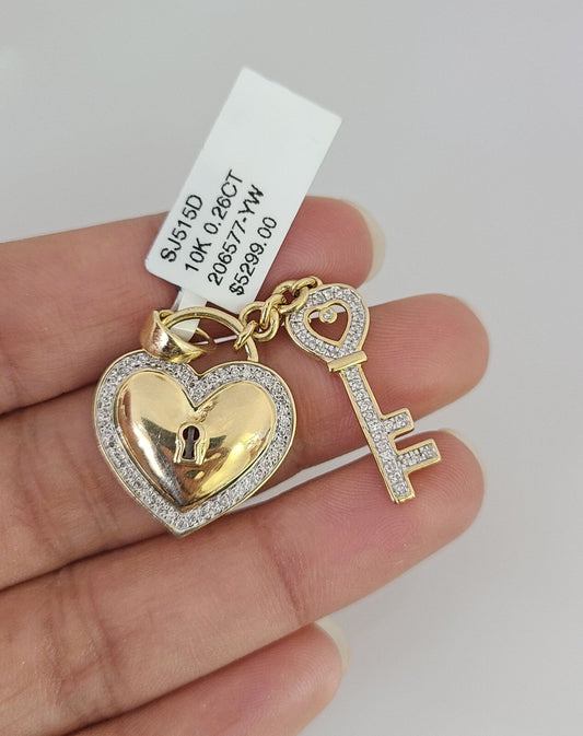10k Yellow Gold Diamond Heart Key Charm Real 10Kt Pendant Natural Genuine