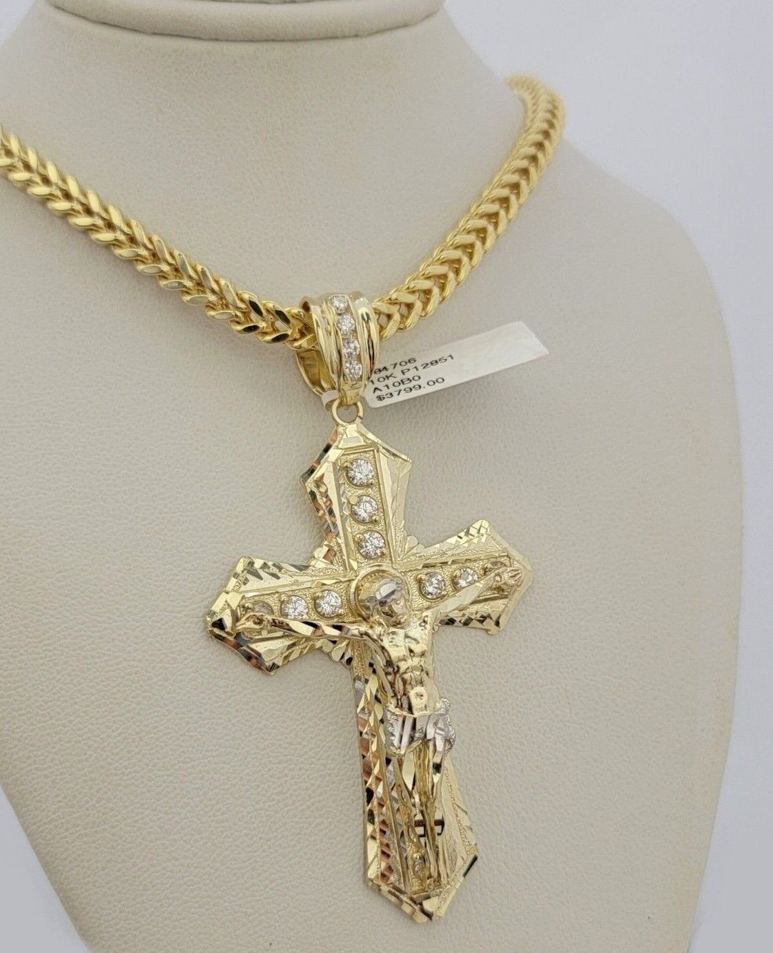 10k Yellow Gold Jesus Cross Charm Pendant 2.75 Inch Real 10kt With Stones