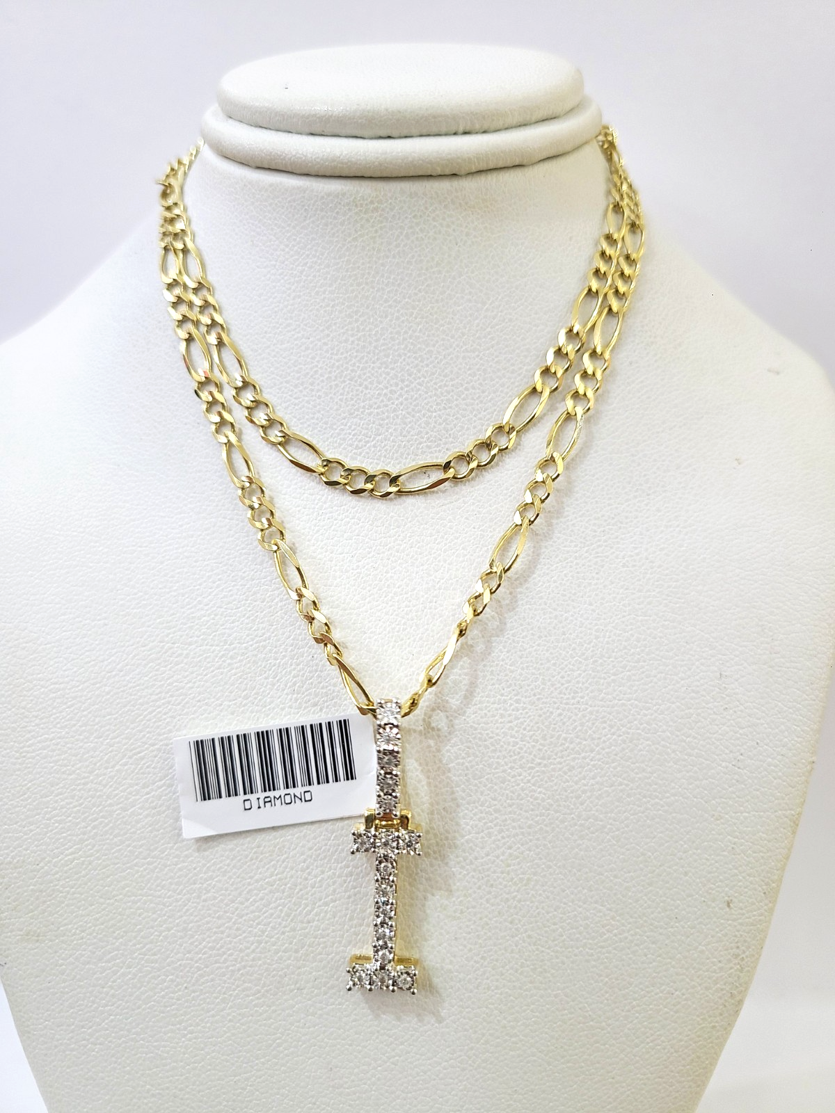 10k Gold Figaro Chain I Diamond Initial Pendant 3mm 20-28 inch SET Necklace